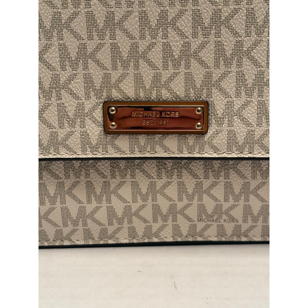 Michael Kors Jet Set Vanilla Logo Crossbody Bag Acorn Brown Trim Gold Hardware